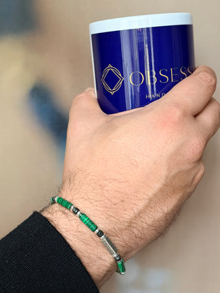 Men’s Natural Malachite & Lava Bracelet with 925 Silver Accents