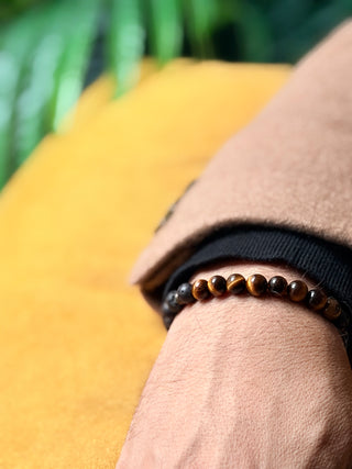 Tiger’s Eye & Black Lava Men’s Bracelet – Antique Tibetan Golden Accents