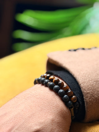 Tiger’s Eye & Black Lava Men’s Bracelet – Antique Tibetan Golden Accents