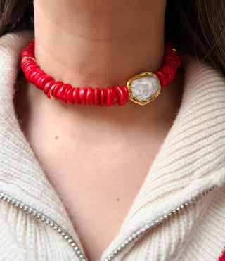 Natural Coral Gemstone & Baroque Pearl Necklace