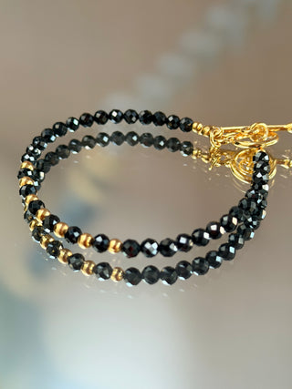 AAA Black Spinel Bracelet with 18K Gold-Plated Sterling Silver Spacers & Toggle Clasp