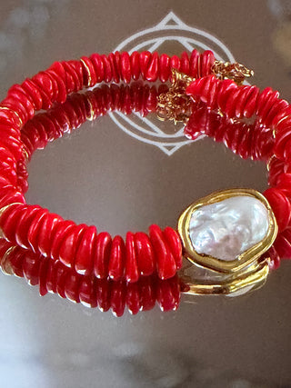 Natural Coral Gemstone & Baroque Pearl Necklace