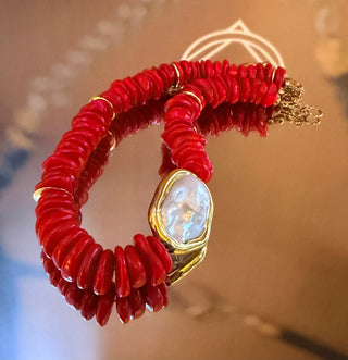 Natural Coral Gemstone & Baroque Pearl Necklace