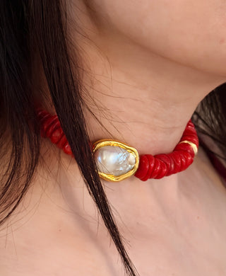 Natural Coral Gemstone & Baroque Pearl Necklace