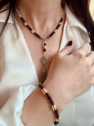 Finest Garnet Necklace with 925 Silver & 18K Gold-Plated Details