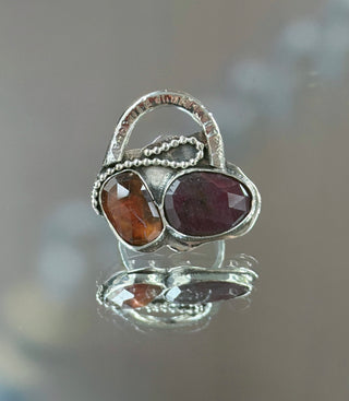 Abstract Ruby & Orange Kyanite Open Ring ,Handmade in 925 Sterling Silver