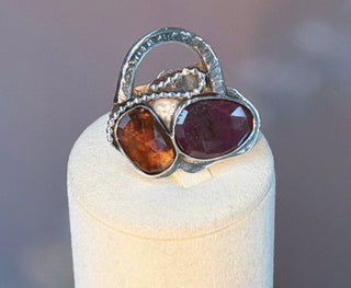 Abstract Ruby & Orange Kyanite Open Ring ,Handmade in 925 Sterling Silver