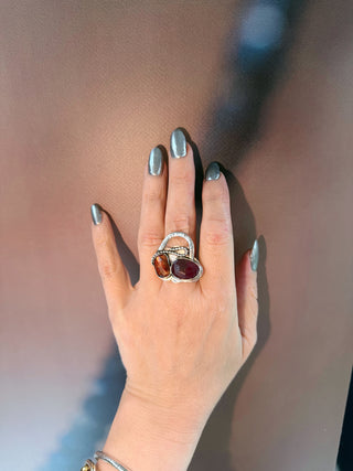 Abstract Ruby & Orange Kyanite Open Ring ,Handmade in 925 Sterling Silver
