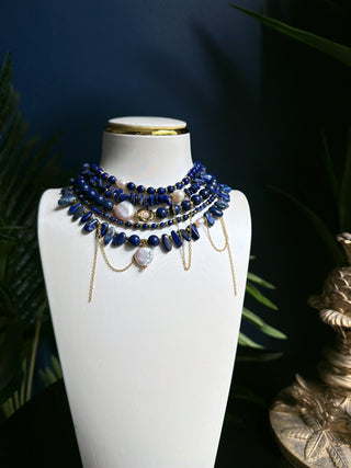 Midnight Blue Lapis Lazuli & Pearl Statement Necklace