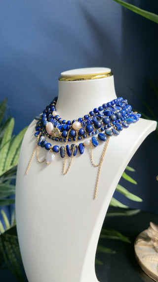 Midnight Blue Lapis Lazuli & Pearl Statement Necklace