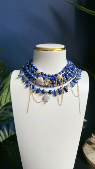 Midnight Blue Lapis Lazuli & Pearl Statement Necklace