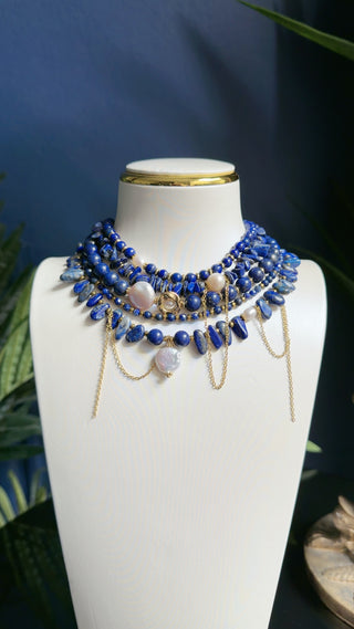 Midnight Blue Lapis Lazuli & Pearl Statement Necklace