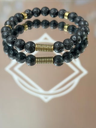 Black Lava Stone Men’s Bracelet – Antique Tibetan Golden Accents