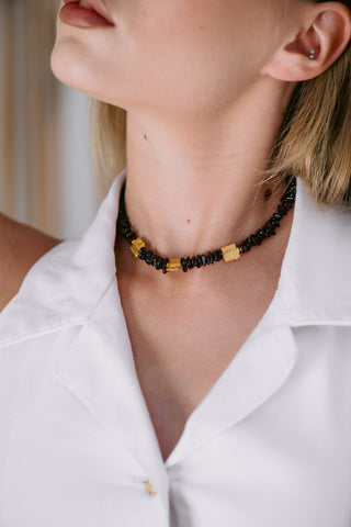 Dark Red Garnet Necklace with Gold-Plated Accents