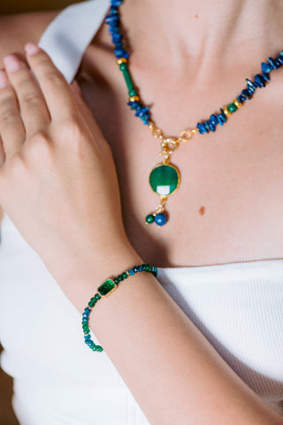 Green & Blue Jade Bracelet with Gold-Plated Accents
