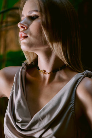 Dark Navy Sandstone & Leopard Statement Necklace