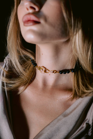 Dark Navy Sandstone & Leopard Statement Necklace