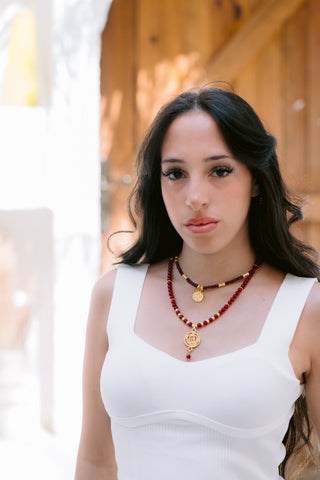 Red Garnet Necklace with Golden Spiral Pendant