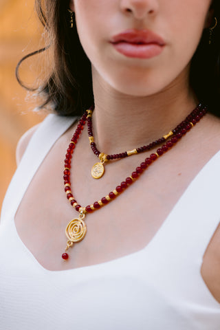 Red Garnet Necklace with Golden Spiral Pendant