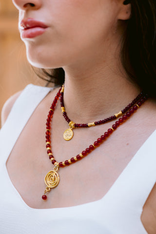 Red Garnet Necklace with Golden Spiral Pendant