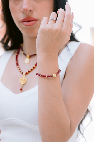 Red Jade Bracelet with Sterling Silver & 18K Gold Centerpiece