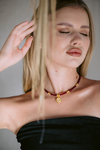 Red Jade Necklace - Sterling Silver  18K Gold-Plated