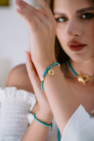 Turquoise & Pearl Bracelet with Gold-Plated Details