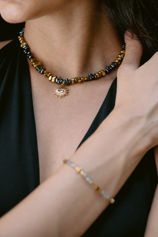 Golden Vision | Gold & Grey Hematite Eye Pendant Necklace