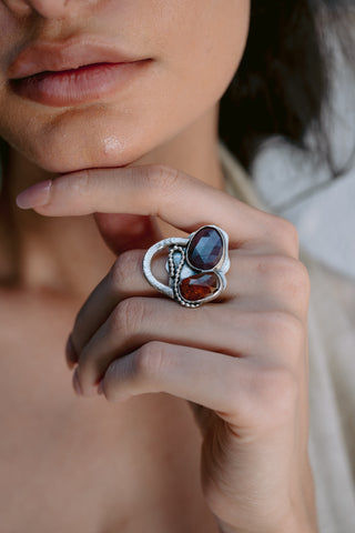 Abstract Ruby & Orange Kyanite Open Ring ,Handmade in 925 Sterling Silver
